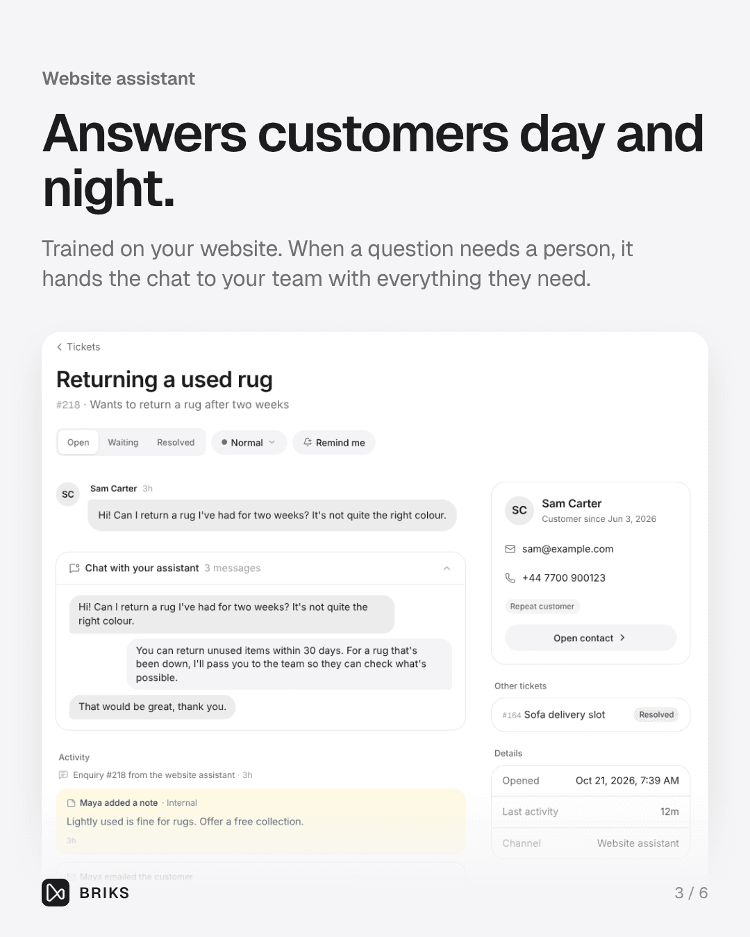 A website assistant that answers customers and hands off to your team